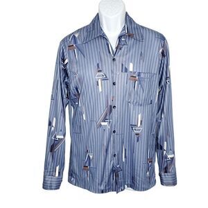 Vtg 70s Mr Jan Don Giovanni Disco Shirt M Geometric Stripe Blue Brown